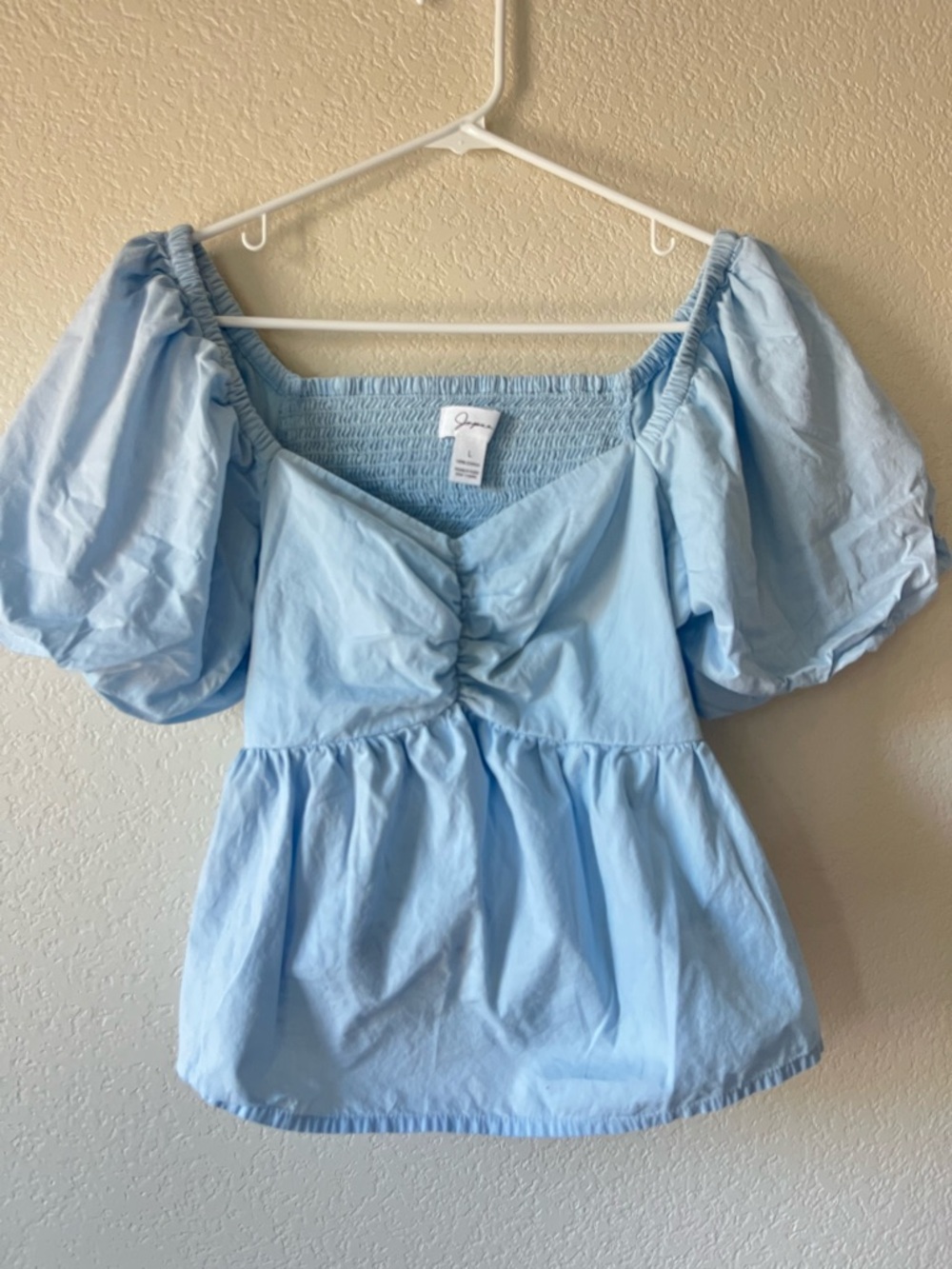 Cottagecore Baby Blue Puff Sleeve Peplum Cotton Top